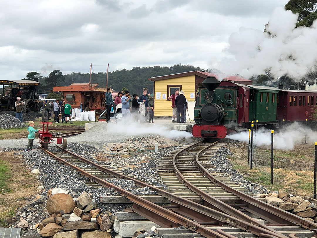 A vintage steam engine stands on the left side of the image. Two railway tracks dominate the foreground. On the right, a green, maroon, and black steam train is in motion, with steam billowing from its sides. A crowd of people can be seen in the vicinity. Towering mountain trees form the backdrop.
