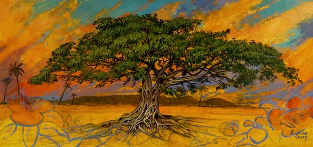 A vibrant artwork featuring a large tree with expansive roots at the bottom, wide branches, and lush leaves. The background is adorned with orange clouds and hints of cyan blue, deep blue, and purple sky, while the landscape exhibits warm yellow and orange hues. A distant mountain is visible behind the main tree, and there are additional trees to the left.