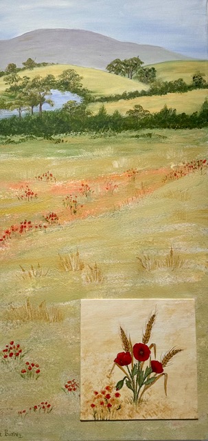 A serene landscape painting with a sky at the top, followed by a faint mountain, rolling hills, and a lake surrounded by trees. A line of trees separates the hills from a vast field, sparsely filled with poppies. Overlaid on the painting is a square art piece depicting a close-up of a poppy plant with three red buds and wheat leaves in the background.