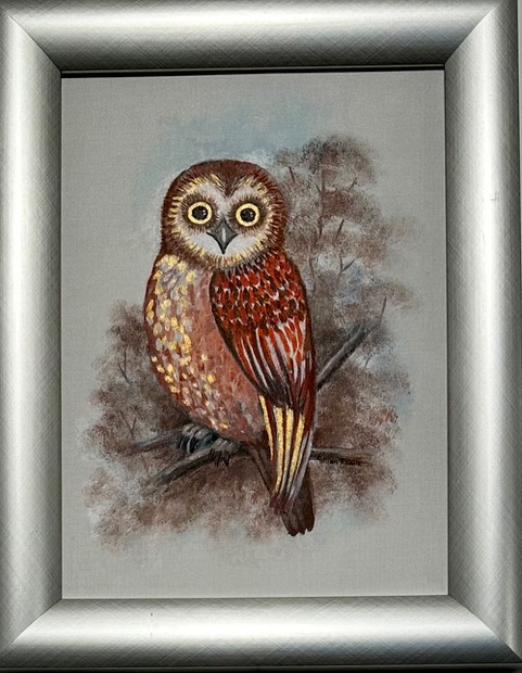 A portrait painting of a bright-eyed owl gazing directly at the viewer with yellow eyes. The owl's body faces left, displaying its brown, yellow, and grey painted feathers on its belly and wing. It perches on a branch with brown leaves, all centered in the composition against a fading grey background.