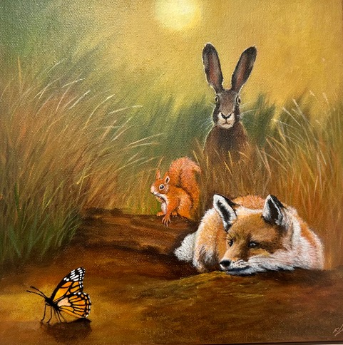 A square artwork featuring a warm-toned scene. In the background, faded green tall leaves create a backdrop, while a curious hare stands behind yellow-toned tall grass, looking ahead at a monarch butterfly located in the bottom left corner. In the middle of the piece and slightly to the left of the hare, a squirrel also gazes at the butterfly. In the foreground, a fox lies on the dirt ground with its head perched on a mound of dirt, peacefully observing the butterfly.